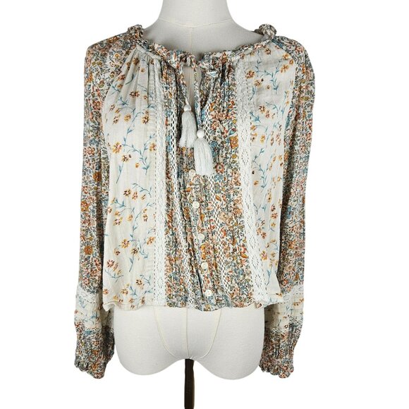 American Eagle Top Floral Button-Up Blouse Large Lace Boho Prairie Peasant Girly - Picture 3 of 11